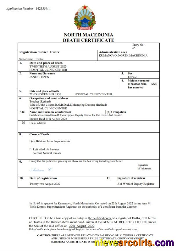 North Macedonia death certificate